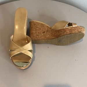 Jimmy Choo “Pandora” nude patent cork wedge shoe